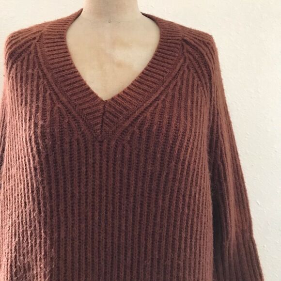 All Saints Brown Neutral Wool V Neck Chunky Knit Sweater Pullover - Picture 2 of 9